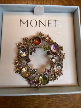 Monet Gold-Tone Brooch with Pink, Green, Amber and Clear Crystals